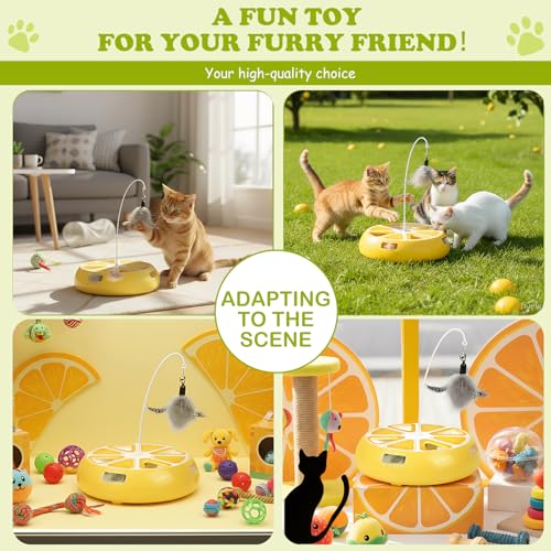 Puffluv Interactive Cat Toy,2 in 1Fruite Shape Toys with Electric Moving Concealed and Hanging Feathers Pop and Play Hide Seek, Hunting,Tpye-C Rechargeable-Yellow Lemon - color: Lemon Yellow