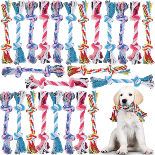 Hiboom 24 Pcs Dog Rope Toys Bulk Multi Color Puppy Chew Rope Cotton Teething Toys 2 Knot Tug for Aggressive Chewers Small and Medium Dogs Puppies