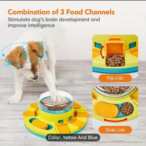 Interactive Dog Puzzle Bowl, Yellow and Blue, Slow Feeder with 3 Food Channels, Brain Development Training Toy for Dogs