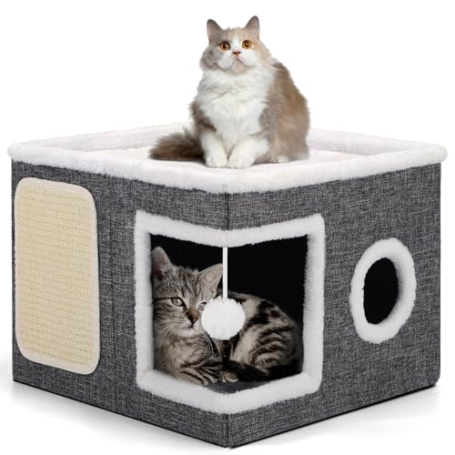 Shikha Cat House Bed for Indoor Cats with Fluffy Ball and Scratch Pad Grey - color: Grey, size: Large