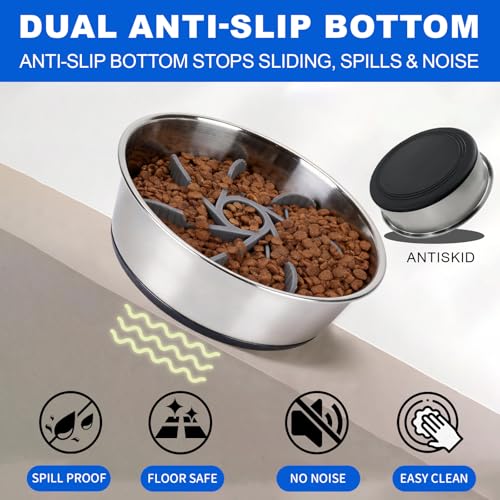 Set of 2 Pack Stainless Steel Dog Bowls & 1x Slow Feeder Insert, 32oz/4 Cups Non Slip Dog Metal Food Bowl & Water Bowl with Rubber Bottom (M Size for Small Medium Dogs) Dishwasher Safe