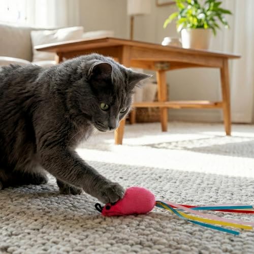 6 Pcs Catnip Cat Fish and Mice Toys, Cat Ribbon Toy Pink Cat Mouse Toy Cute Cat Feather Wand Accessories Interactive Cats Toys for Indoor Cats Kitten Play Exercise Chew