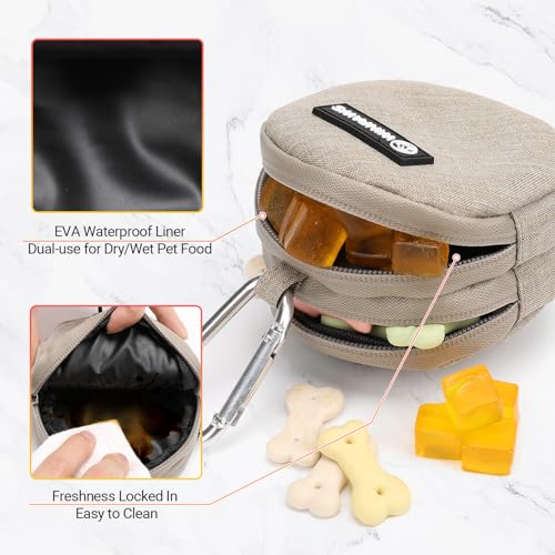 Dog Poop Bag Holder for Leashes- Dog Treat Pouch with Waterproof Zipper,Puppy Training Small Bag with Carabiner & Bungee Toggle,Two Pockets for Dry or Wet Treats-Pet Travel Walking Essentials (Khaki) - color: Khaki