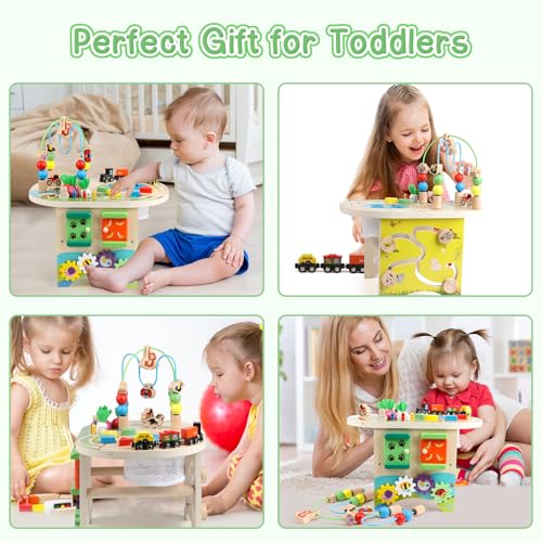 Activity Table for 1 Year Old Montessori Educational Learning Toys for 1 2 Year Old Girls Boys Toddlers Baby 12-18 Months 1st First Birthday Gifts 10 in 1 Wooden Bead Maze Sensory Center Toys