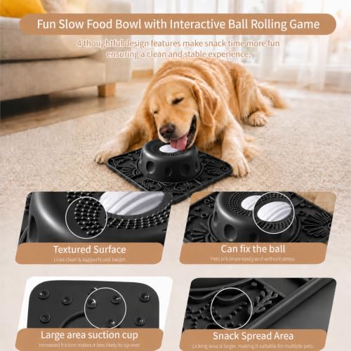 Dog Licking Slow Feeder Bowl with Rolling Ball Anti-Gulping, 2 in 1 Dog Non-Slip Lick Mat, Edible Silicone for Wet Food, Yogurt, Bone Broth, Nutrient Solution Black - color: Black, size: Single