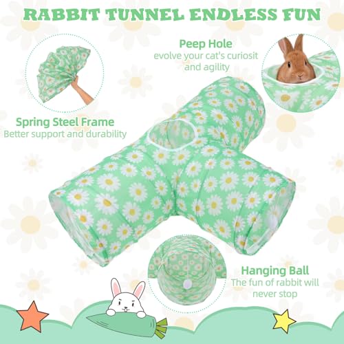 BWOGUE Bunny Tunnels & Tubes, 3-Way Collapsible Rabbit Hideout for Bunnies - color: Greenflower