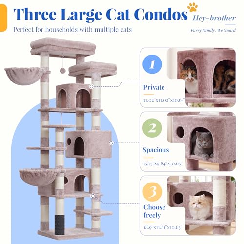 Hey-brother Cat Tree, Multi-Level Tower with 3 Condo, Hairbrush, MPJ035-MMU - color: Muchroom