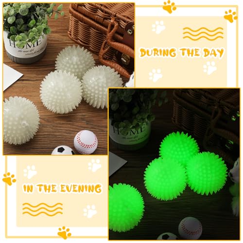 Silipull 4 Pcs 3.15 Inch Glow Dog Ball Spiky Squeaky Rubber Dog Toy