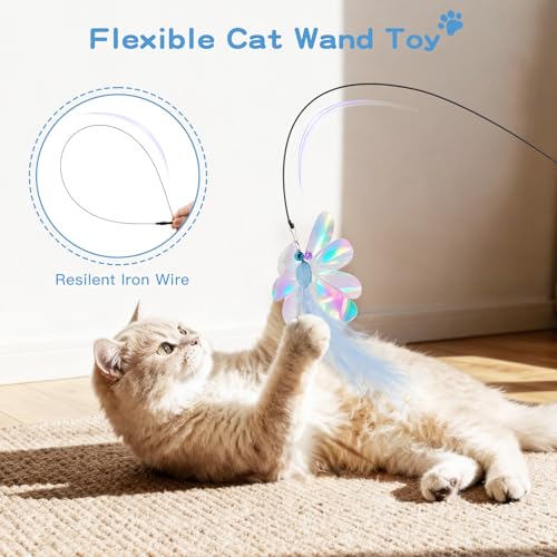 Pawaboo Cat Feather Wand Interactive Toy, 2 Feathers + 1 Wand with Bell - color: Blue Butterfly