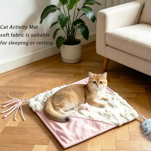 Cat Crinkle Play Mat with Catnip Interactive Cats Activity Mat for Indoor - color: Pink