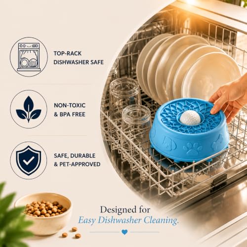 Dog Licking Bowl with Rolling Ball, Anti-Slip Slow Feeder (Blue) - color: Blue