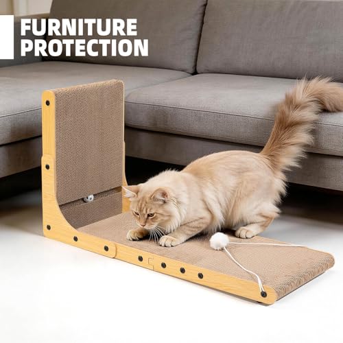27.6 Inch Reinforced Cat Scratcher, L-Shaped Wall Mount Scratching Post with 2 Catnip Balls & 1 Fuzzy Ball Toy, Easy Flip Scratch Pad for Indoor Cats - size: 27.6 Inch 1-Pack Wooden Color