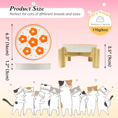 Elevated Ceramic Slow Feeder Cat Bowl with Anti-Slip Bamboo Stand - color: Orange + Stand