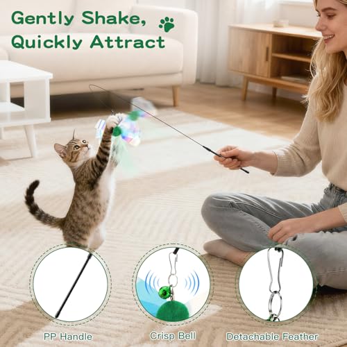Pawaboo Cat Feather Wand Interactive Toy, 2 Feathers + 1 Wand with Bell - color: Green Butterfly