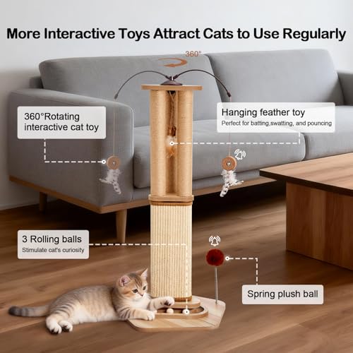 Odoland 34 Inch Cat Scratching Post for Large Cats with 4 Interactive Toys