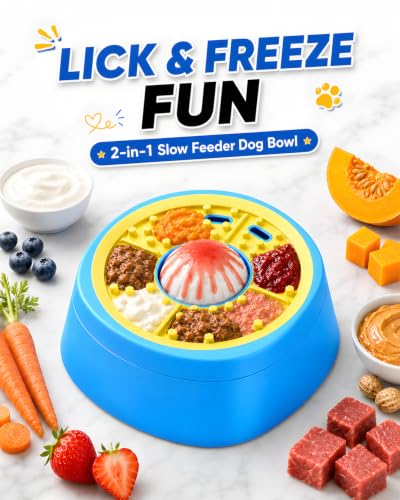 Interactive Slow Feeder Dog Bowl with Rolling Lick Ball for Liquid Treats