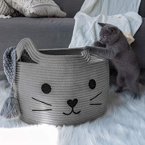 Large Woven Rope Cat Toy Basket with Cat Face Design, Grey - color: Gray, size: 15.7"W x 11.8"H