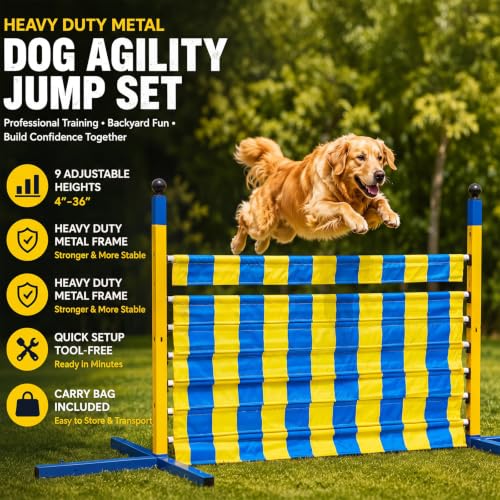 Silipull Dog Agility Jump Set, Heavy Duty Metal Dog Agility Equipment with 9 Adjustable Heights, Foldable Dogs Hurdle Training Equipment for Small, Medium & Large Dogs, Carrying Bag Included