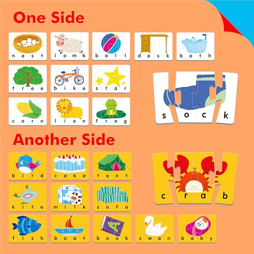 Self-Correcting Spelling Puzzles, Double-Sided Three and Four-Letter Word Spelling Cards with Picture Matching, 48 First Words Learning for Kindergarten Readiness, Preschool Ages 4+ - style: 24 Blocks Double Sided-B