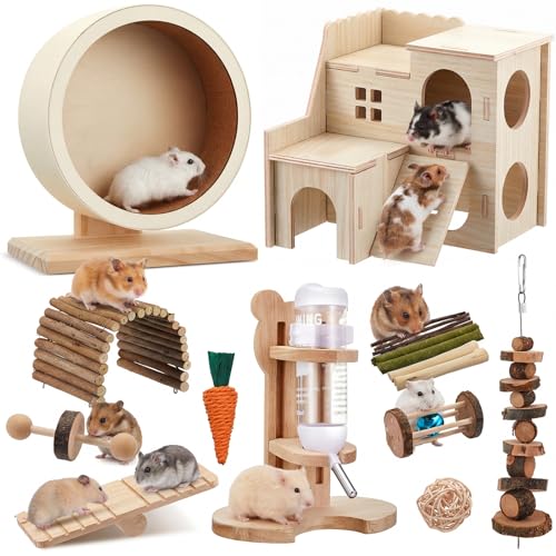18 Pcs Hamster Cage Accessories, Silent Hamster Wheel 15 Toys Set - style: Harmony Wooden Style