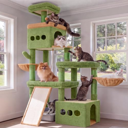 Heybly Cat Tree 72.4-Inch Anti-Tip Cat Tower with Spacious Perches HCT060GY - color: Green and Yellow