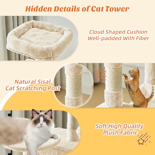 DUMOS Small 44 in Cat Tree Tower with Natural Sisal Scratching Posts - color: Beige, size: 43.6Inch