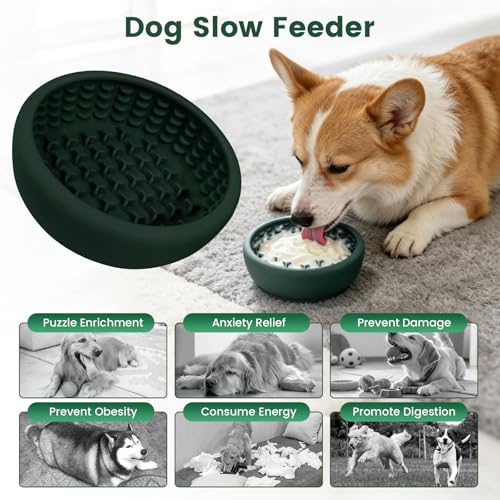 Dog Slow Feeder Licking Bowl,Anxiety Relief Treat Dispenser, Non-Slip Anti-chocking Pet Dish, Interactive Puzzle Toy for Small Medium Breed,Freezable BPA Free Silicone Dishwasher Safe - color: green, size: S