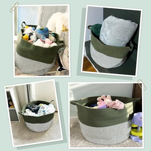 INDRESSME XXXLarge Woven Rope Blanket Basket Living Room Green, 90L - color: Green & White, size: 21.7"D x 13.8"H