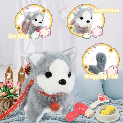 Plush Toys Walking Dog Toys that Can Walk, Bark and Wag Tail,Interactive Electronic Pet Toys Puppy with Leash,Easter Christmas Birthday Gift for Toddlers Kids - color: Siberian Husky