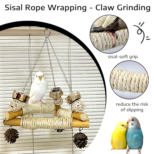 Bird Swing for Cage with Chew Toys, 3 Sisal-Wrapped Stable Perches(S) - size: Small