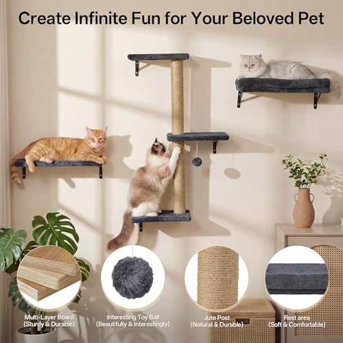 MEWANG Cat Wall Shelves, 5-in-1 Cat Wall Furniture Set, Grey - color: grey