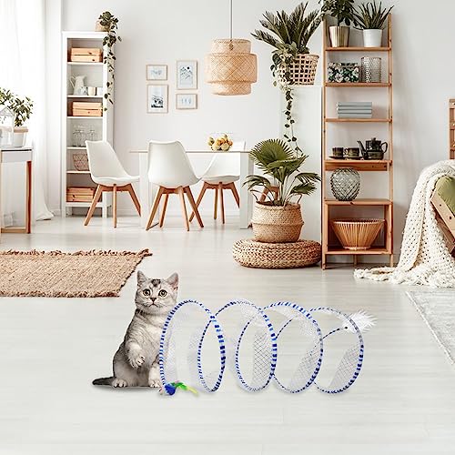 Andiker Cat Tunnel Toy, 10 inch Collapsible Metal Cat Spring Toy with Nylon Mesh, Feather, Mouse, and Bell, Interactive Cat Toys for Indoor Cats to Scratch, Puzzle, Relax and Kill Time (Blue) - color: Blue