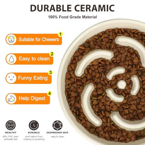 Ceramic Slow Feeder Dog Bowl, 2 Cups Maze Puzzle Dish to Slow Down Eating - color: Flower - White