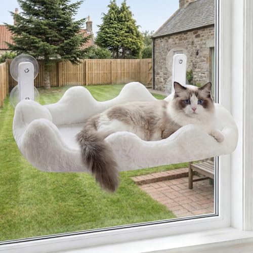 Homegroove Cat Window Perch, 24 x 12 Inch Foldable Cat Hammock for Window with 4-Sided Bolster & 4 Large Suction, Cloud Shape Cordless Window Bed for Indoor Cats (White, Large(24'' x 12'')) - color: White