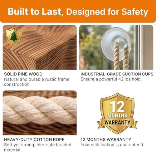 Large Cat Window Perch with Industrial-Grade Suction Cups - Solid Pine Wood Hammock Bed, Soft Cushion - 42 lb Capacity for Heavy Cats Inside - color: Brown/White, size: X-Large
