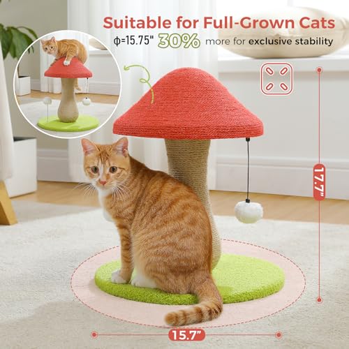 PETEPELA Mushroom Cat Scratching Post, 100% Sisal Cute Cat Scratcher, Pink - color: Red