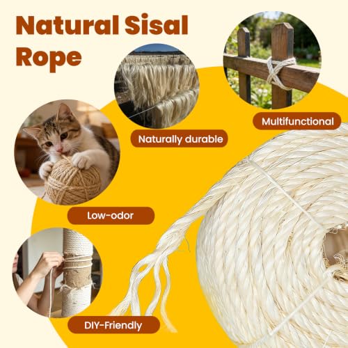Natural Sisal Rope for Cat Tree and Scratching Post, 3/16 Inch x 200ft - size: 3/16'' x 200ft