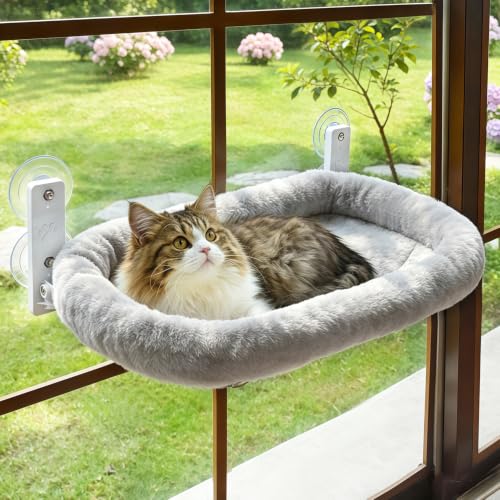 AMOSIJOY Cordless Cat Window Perch with Cushion Bed Metal Frame, L Gray - color: Gray Cushion Bed, size: Large
