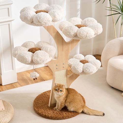 Aesthetic Flower Cat Tree Tower with Scratching Post for Indoor Cats, 48" Modern Cat Tree with Wood Sculpted Branch, Flower Cat Beds, Scratching Board & Interactive Squeaky Toy, Creamy White - color: 48"-Creamy White