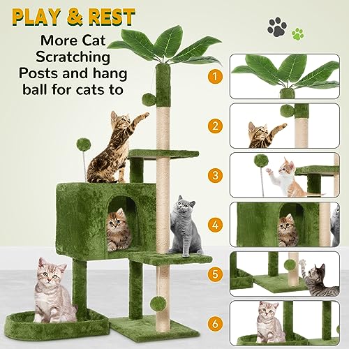 52" Cat Tree Cat Tower for Indoor Cats with Green Leaves, Multi-Level Cozy Plush Cat Condo Cat House Scratching Posts for All Breeds Sizes