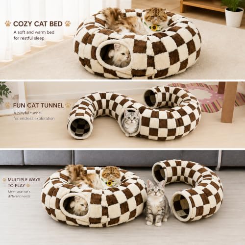 Cat Tunnel Bed with Washable Cushion for Indoor Cat, Donut Cave Tube Toys for Kitten Puppy Rabbit, Brown - color: Brown