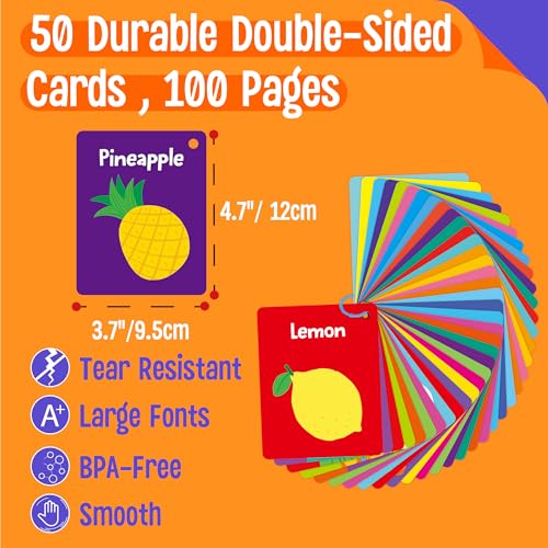 Food Flashcards, 50 Double-Sided Cards, Veggies, Fruits, Snacks, Desserts, Grain Cards Educational Learning Tools for Preschool and Toddlers Learning (2 Reclosable Rings Attached) - style: Food Flashcards