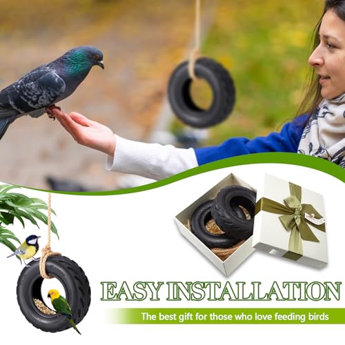 2 Pcs Tire Swing Bird Feeder for Outdoor Hanging 6 x 2 Inches with Rope Special Tire Bird Feeder Seed Catcher for Funny Swing Outside Gift Spring Gifts