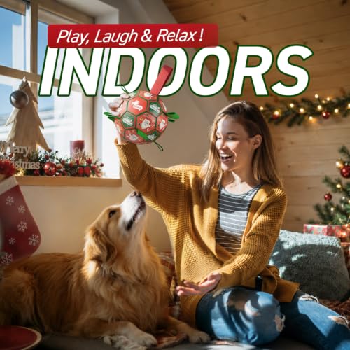 QDAN Christmas Dog Toys: Soccer Ball with Straps for Outdoor Play, Tug of War, Puppy Gifts - Durable 8-Inch Balls for Medium Large Dogs - color: Christmas 1, size: Large Size 3 (8 Inch)