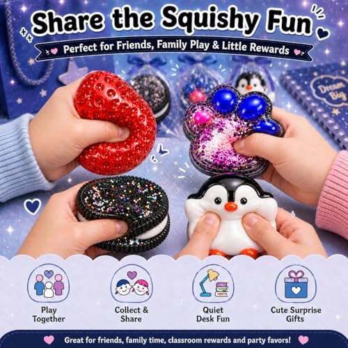 4PCS Cute Squishy Toys Set Strawberry Cookie Penguin Hamster Mochi Fidget Sensory Toy for Stress Relief Anxiety Calming Washable Desk Accessories Party Favors Gifts for Kids Adults