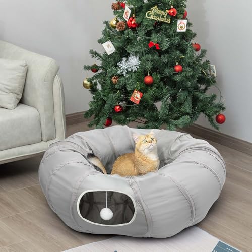 AUOON Cat Tunnel with Bed for Kitten Puppy Rabbit Ferret, Light Grey - color: Light Grey