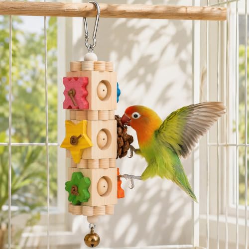2 Pcs Bird Chew Toys for Parrots, Rotating Wooden Block Foraging Toy with Pine Cones & Bell, Hanging Multi-Layer Parrot Enrichment Cage Accessories for Beak Grinding, for Conure, Cockatiel, Budgie