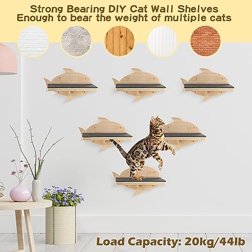 Lenwen 6 Set Cat Wall Shelves, Wood Cat Climbing Step, Wall Mounted,Fish - style: Fish