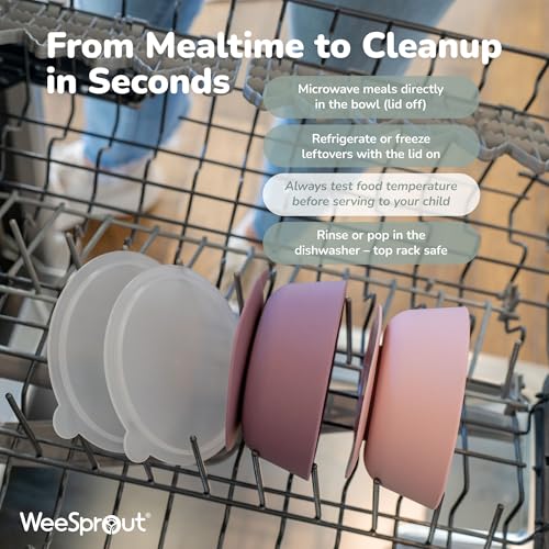 WeeSprout Suction Bowls for Baby & Toddlers (Set of 2) - 100% Silicone w/Plastic Lid - Leak Proof Feeding Supplies - Dishwasher & Microwave Safe Infant Dinnerware w/Extra Strong Base - color: Matte Pink/Purple