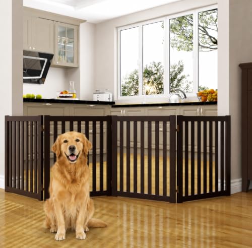 WELLAND Freestanding Pet Gate 4 Panel Wooden Step Over Dog Gate - color: Espresso, size: 4 Panel 80" Wide